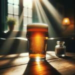 DALL·E 2023-12-23 10.25.21 - A photo demonstrating the use of lighting in beer photography. The image features a pint of beer on a table, illuminated by natural sunlight streaming.png